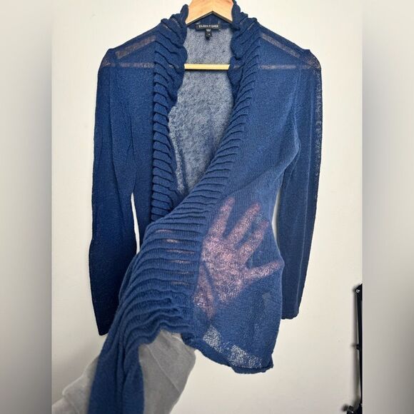 Eileen Fisher Navy Blue Linen Blend Cardigan Sweater Small S knitted ruffles - Picture 7 of 14